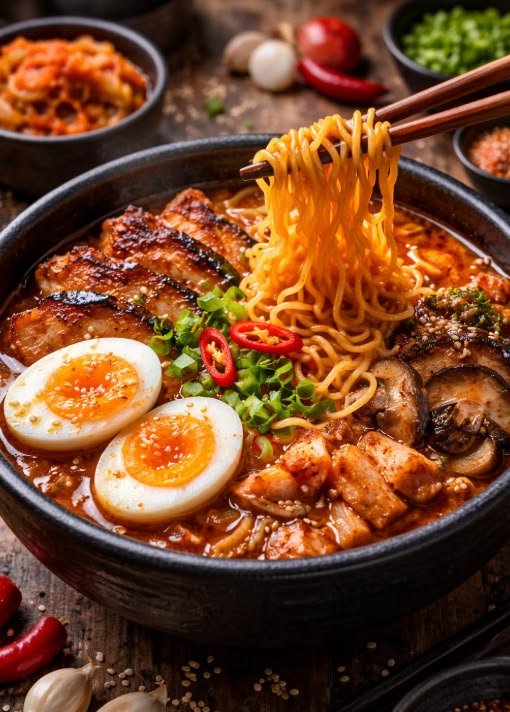 Light ramen with greens in a clear broth